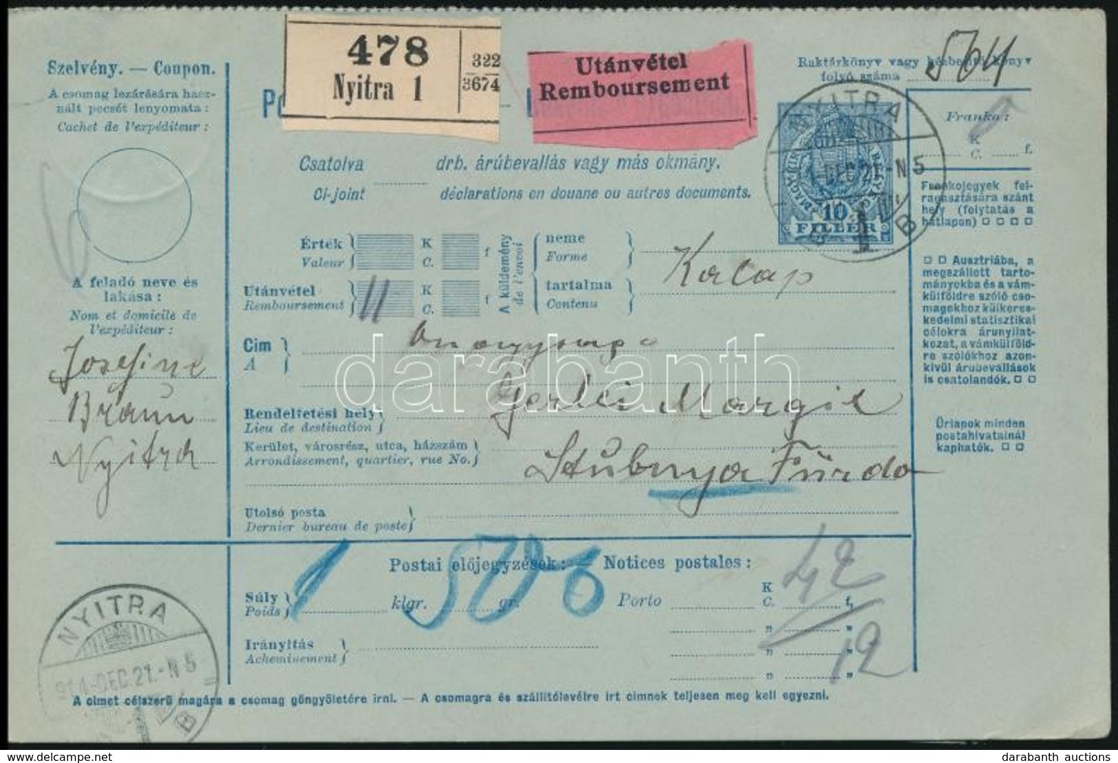 1914 Utánvételes Postai Szállítólevél 'NYITRA' - Stubnyafürdő - Andere & Zonder Classificatie