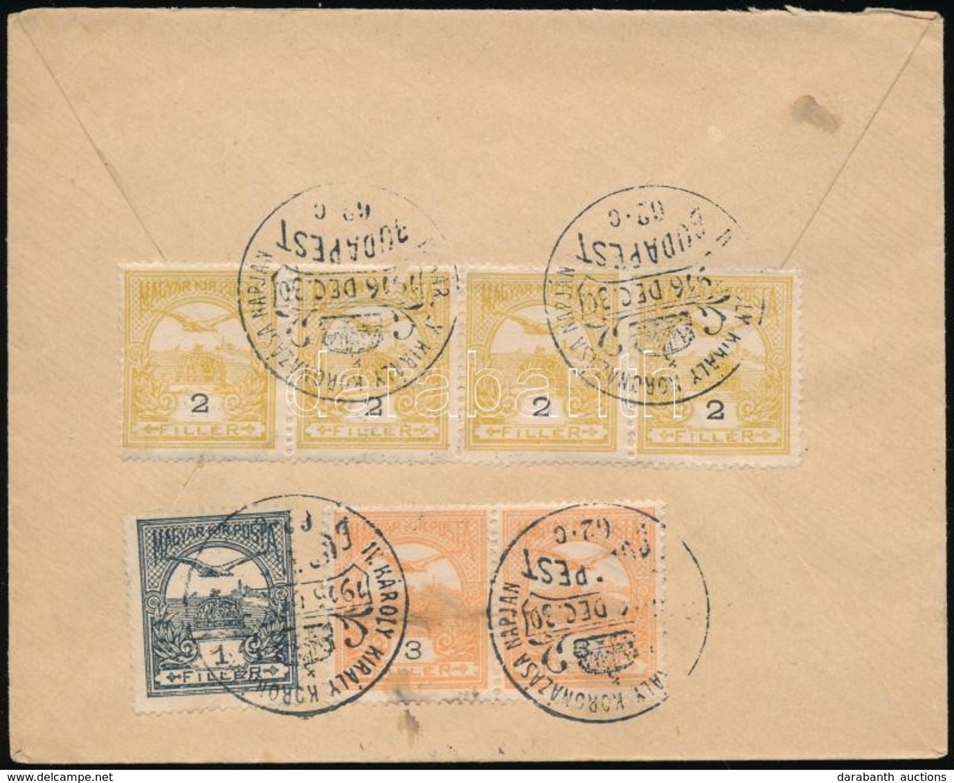 1916 Turul 1f, 4 X 2f + 2 X 3f Helyi Levélen, IV. Károly Koronázási Emlékbélyegzéssel / On Local Cover With Special Canc - Andere & Zonder Classificatie