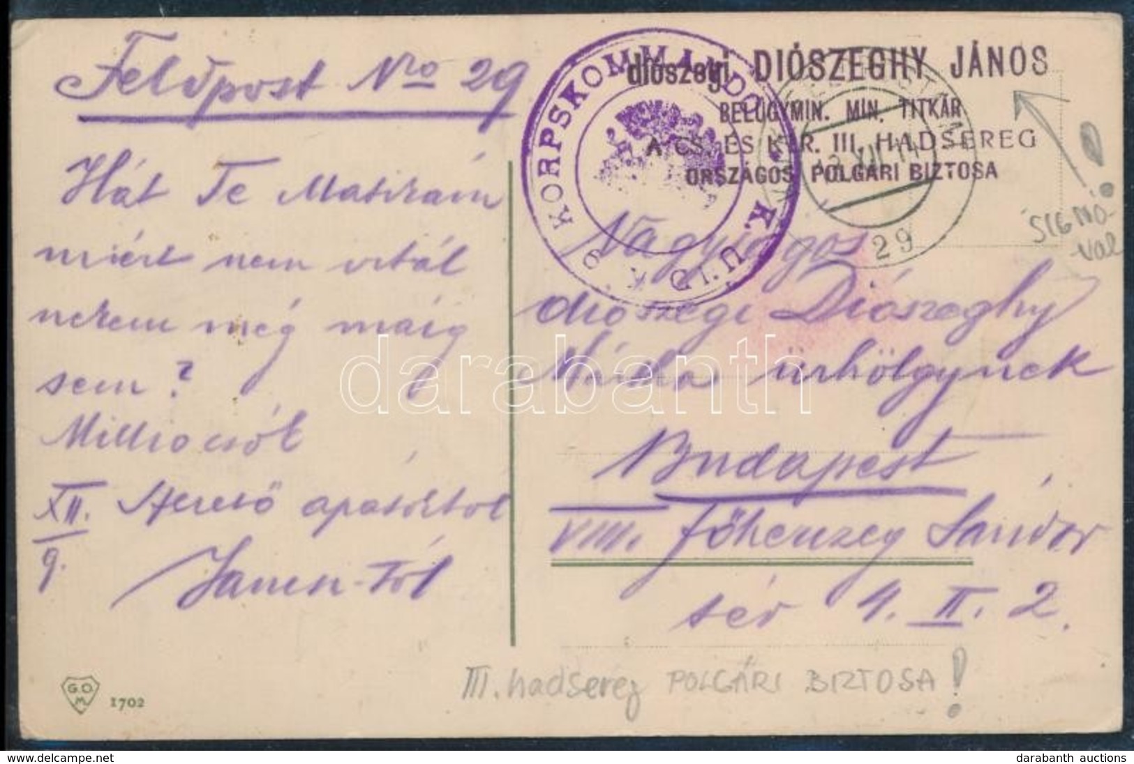 1914 Feldpost  III. Hadsereg Polgári Biztosa Képeslapon - Other & Unclassified