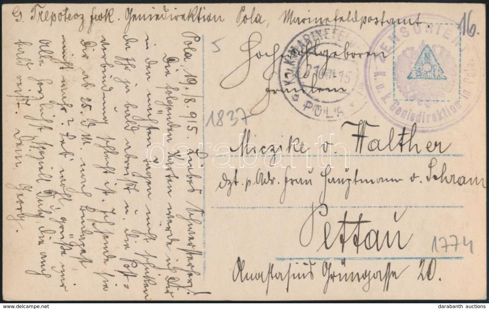 1915 Képeslap Haditengerészeti Postával / Navy Mail Postcard 'ZENSURIERT K.u.K. Geniedirektion In Pola ' - Other & Unclassified