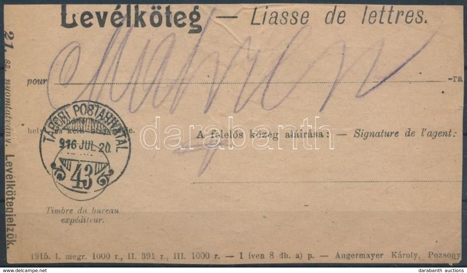 1916 Tábori Posta Levélköteg Papír 'TP 43' - Andere & Zonder Classificatie