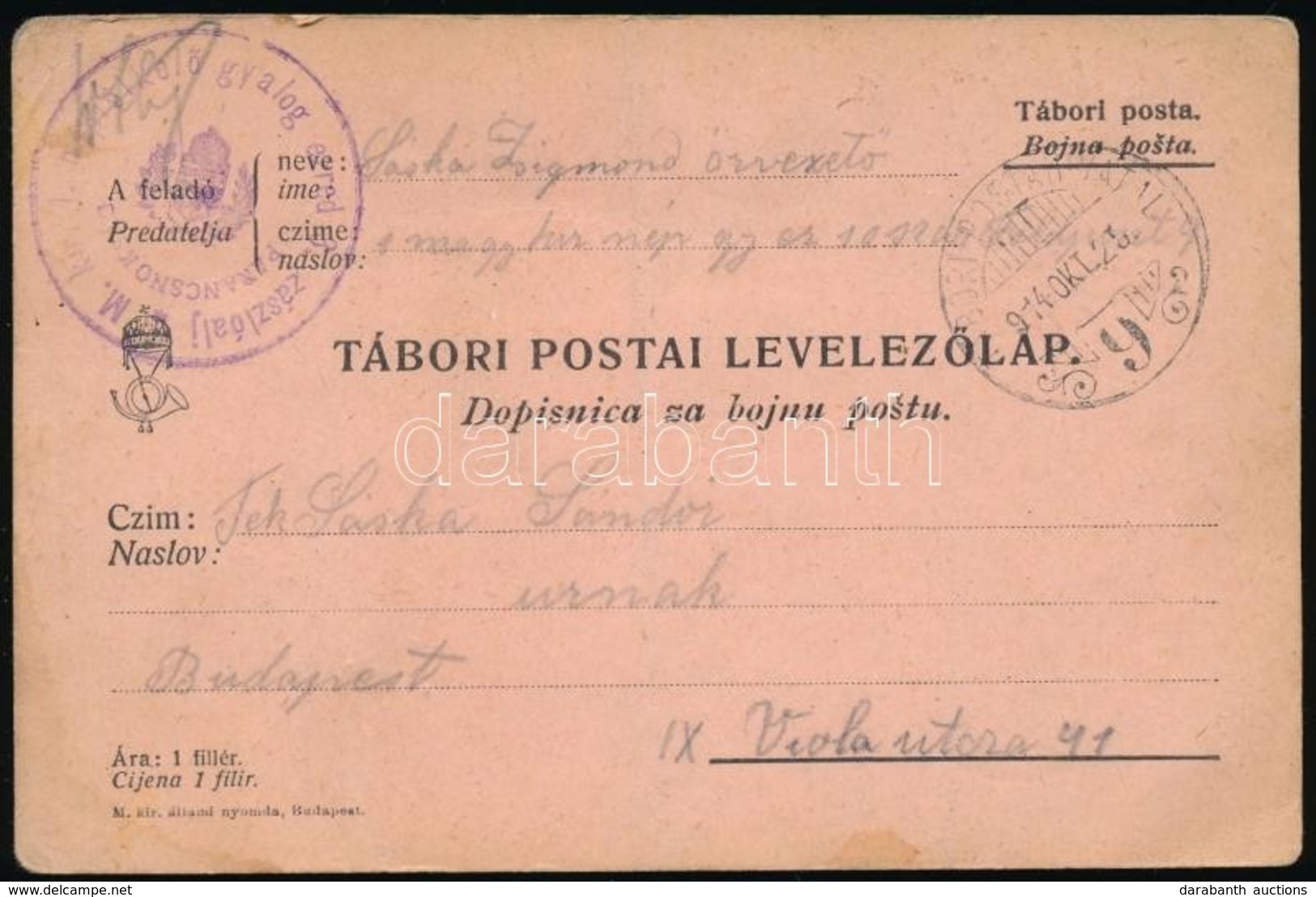 1916 Tábori Posta Levelezőlap 'M.kir. 1. Népfölkelő Gyalog Ezred 3. Zászlóalj Parancsnokság' + 'TP 9' - Andere & Zonder Classificatie