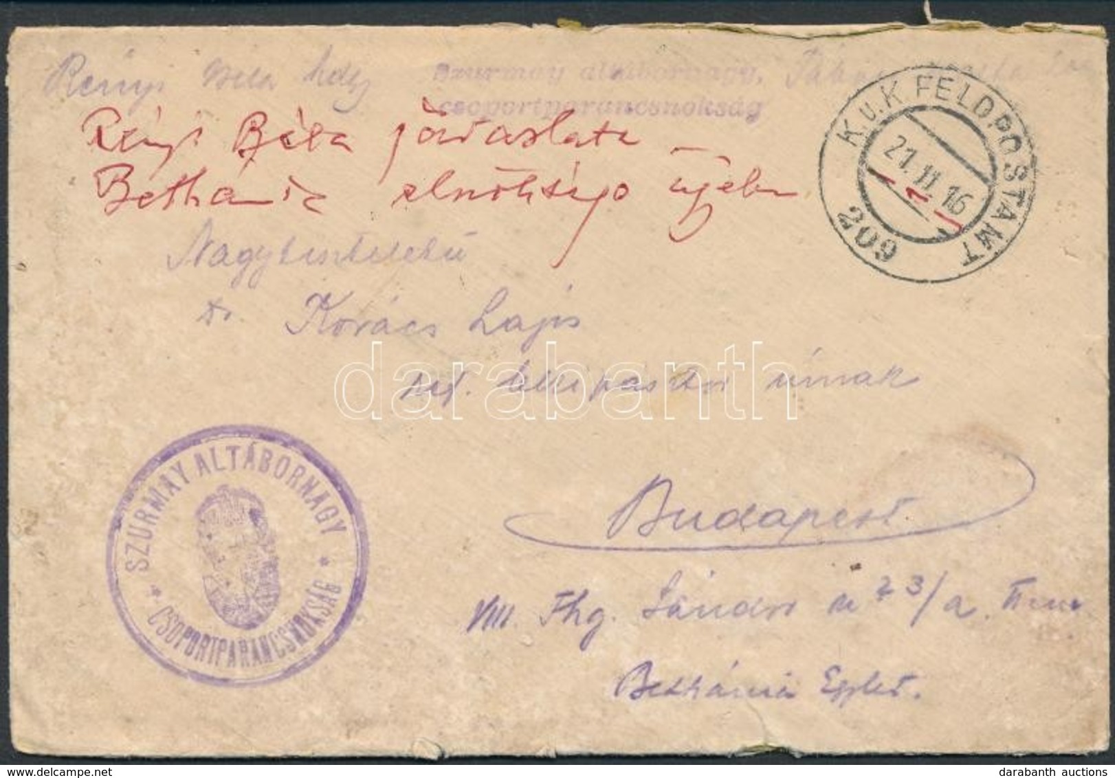 1916 Tábori Posta Levél / Field Post Cover 'Szurmay Altábornagy Csoportparancsnokság' + 'FP209' - Other & Unclassified