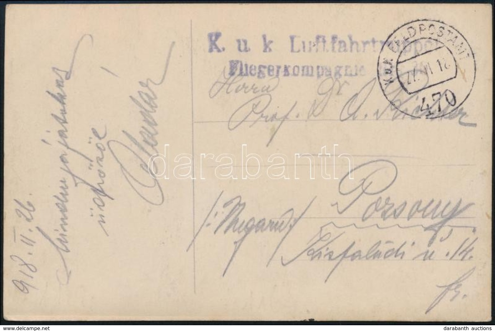 1918 Tábori Posta Képeslap / Field Postcard 'K.u.k. Luftfahrtruppen Fliegerkompagnie No.30.' + 'FP 470' - Other & Unclassified