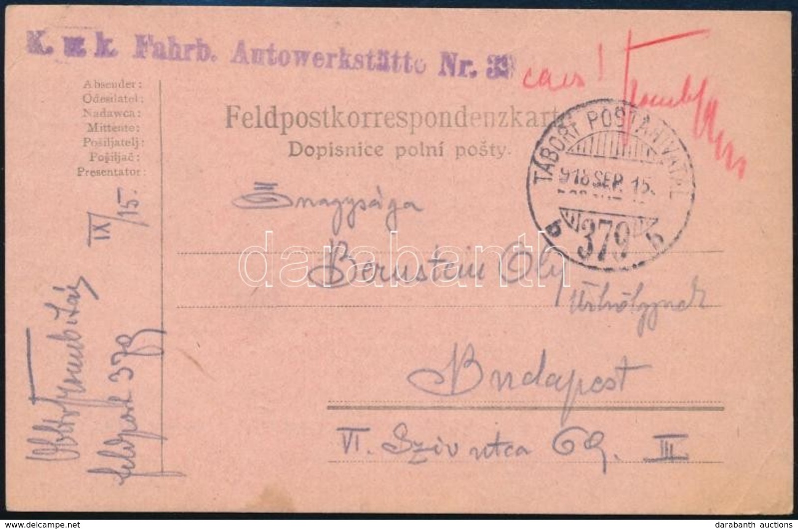 1918 Tábori Posta Levelezőlap 'K.u.k. Fahrb. Autowerkstätte Nr.33' + 'TP 379 B' - Other & Unclassified