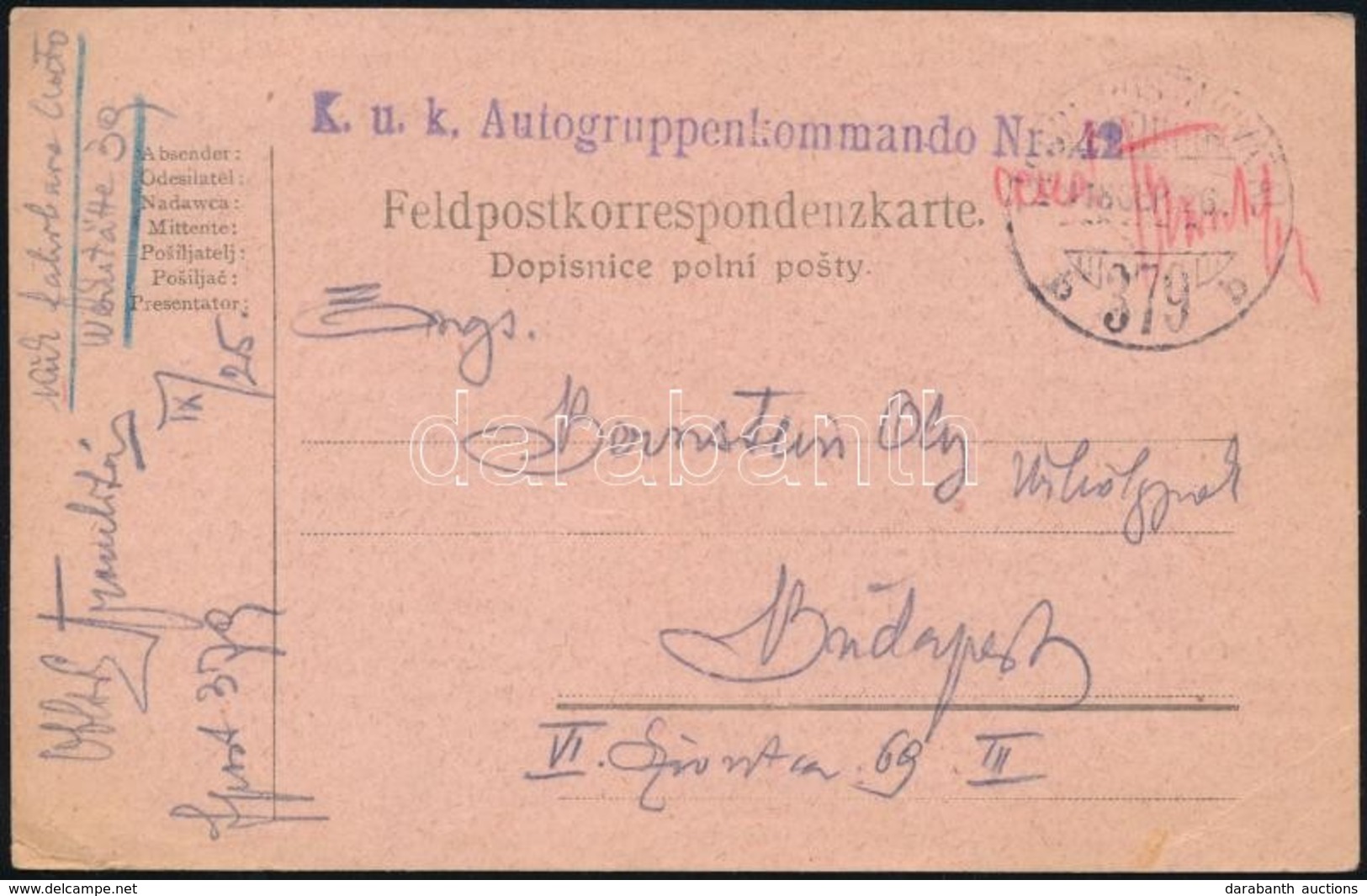 1918 Tábori Posta Levelezőlap 'K.u.k. Autogruppenkommando Nr.42.' + 'TP 379 B' - Other & Unclassified