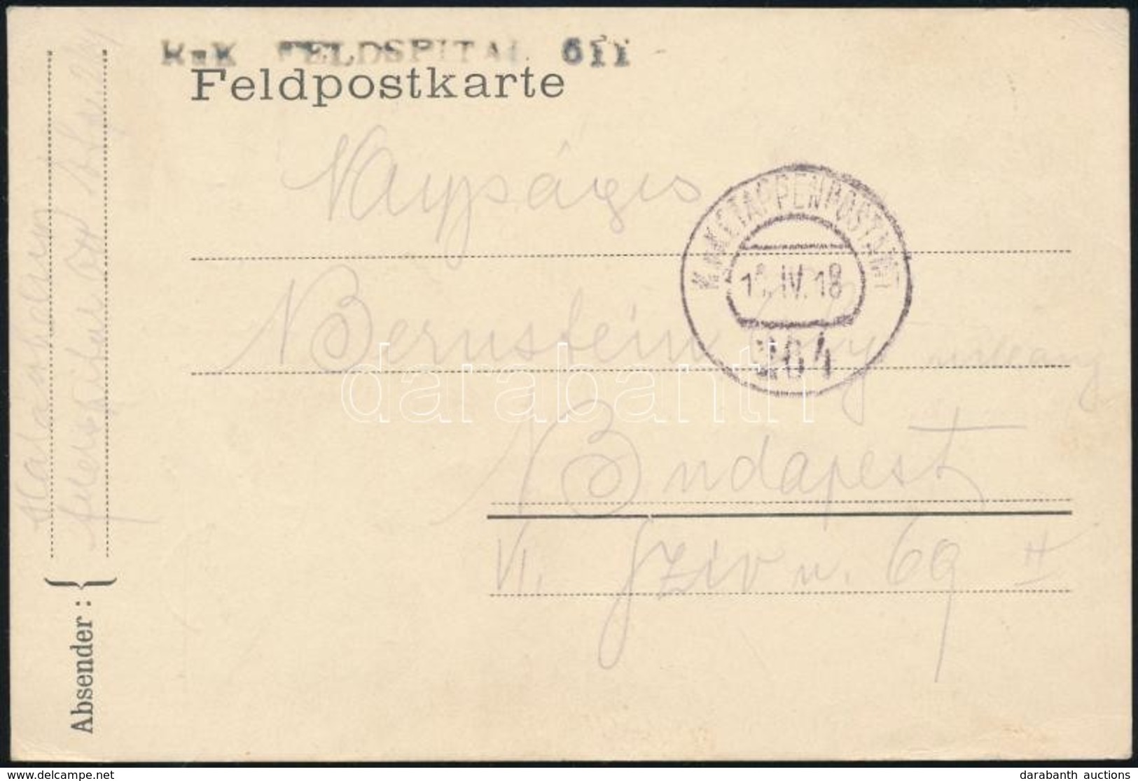 1918 Tábori Posta Levelezőlap 'Kuk FELDSPITAL 611' + 'EP 264' - Other & Unclassified