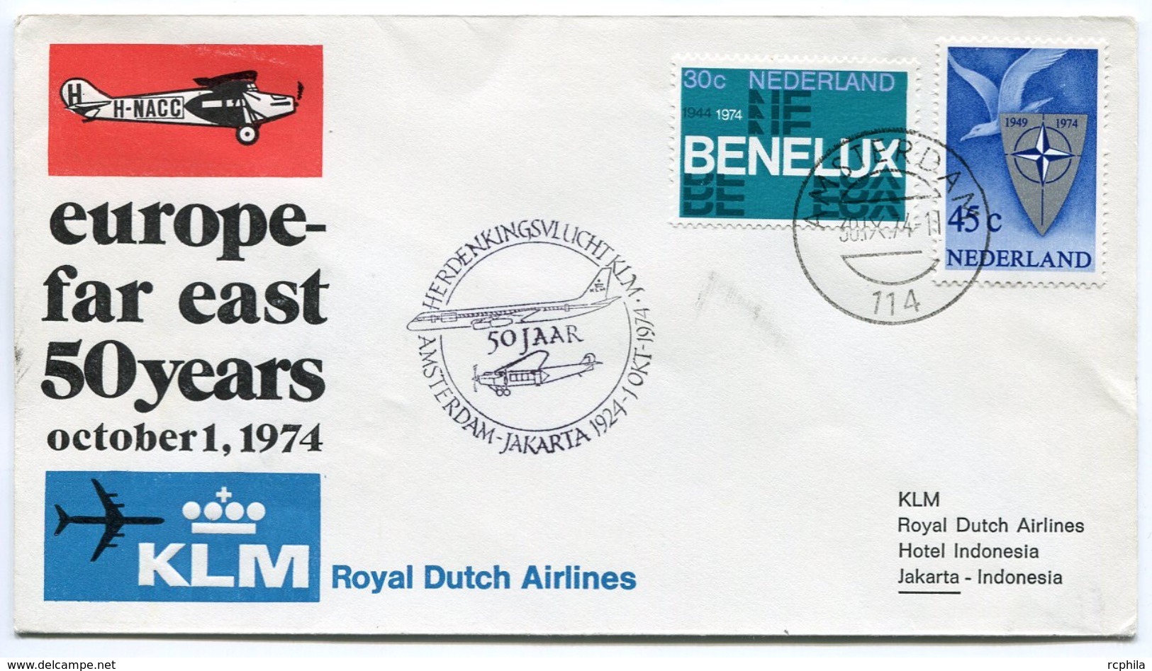 RC 6713 PAYS-BAS KLM 1974 1er VOL AMSTERDAM - JAKARTA INDONESIA FFC NETHERLANDS LETTRE COVER - Poste Aérienne