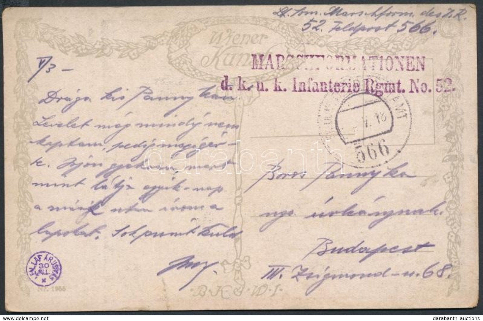 1918 Tábori Posta Képeslap / Field Postcard 'MARSCHFORMATIONEN D.k.u.k. Infanterie Rgmt. No.52.' + 'FP 566' - Other & Unclassified