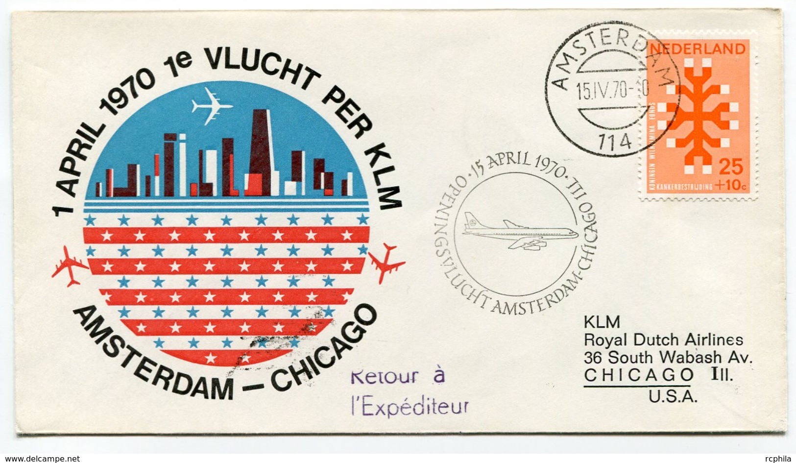 RC 6714 PAYS-BAS KLM 1970 1er VOL AMSTERDAM - CHICAGO USA FFC NETHERLANDS LETTRE COVER - Posta Aerea