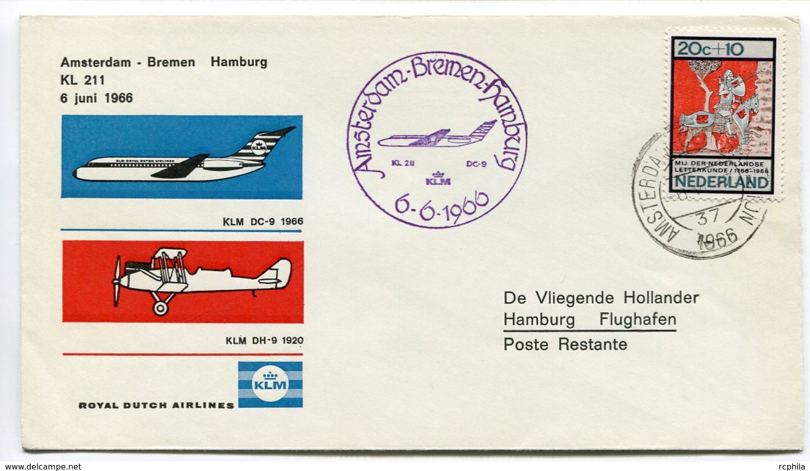 RC 6715 PAYS-BAS KLM 1966 1er VOL AMSTERDAM - BREMEN HAMBURG ALLEMAGNE FFC NETHERLANDS LETTRE COVER - Correo Aéreo