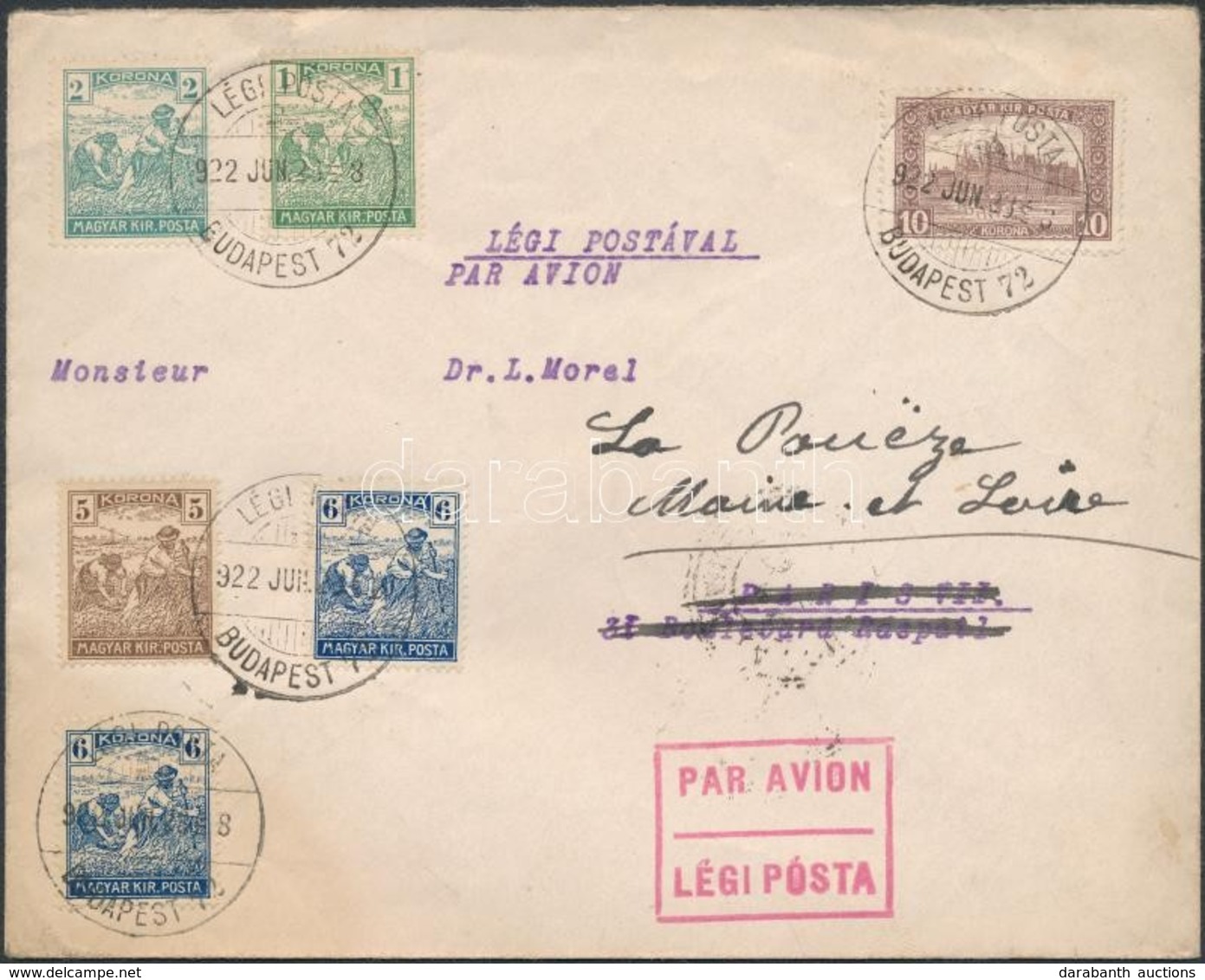 1922 Légiposta Levél 6 Bélyeges Arató-Parlament Bérmentesítéssel Párizsba / Airmail Cover With 30K Franking To Paris - Other & Unclassified