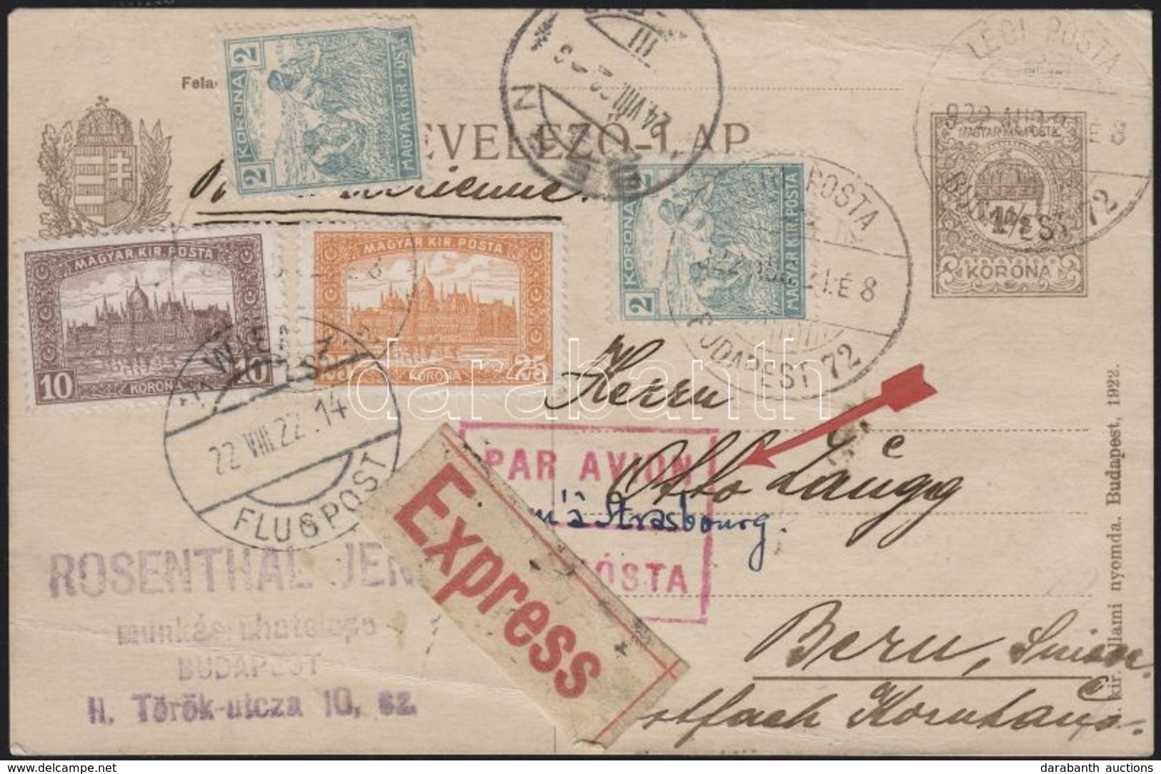 1922 (4. Díjszabás) Expressz Légi Levelezőlap Arató és Parlament Bérmentesítéssel Svájcba / Express Airmail Postcard Fra - Andere & Zonder Classificatie
