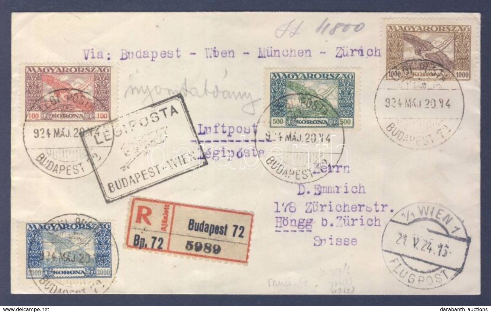 1924 (13. Díjszabás) Ajánlott Légi Nyomtatvány Svájcba 'BUDAPEST-WIEN' Légi Irányító Bélyegzéssel / Registered Airmail P - Andere & Zonder Classificatie