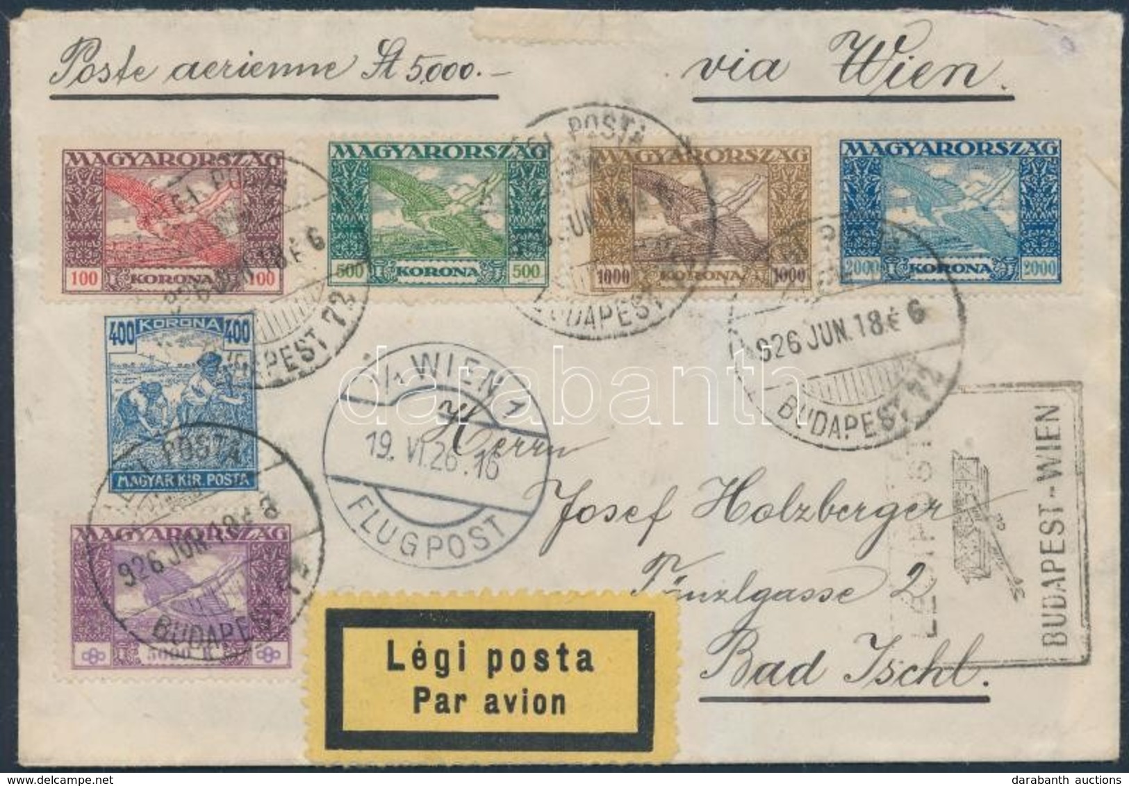 1926 (16. Díjszabás) Légiposta Levél 5 Klf Ikarusz Bélyeggel + Kiegészítő Bérmentesítéssel Ausztriába / Airmail Cover Fr - Andere & Zonder Classificatie