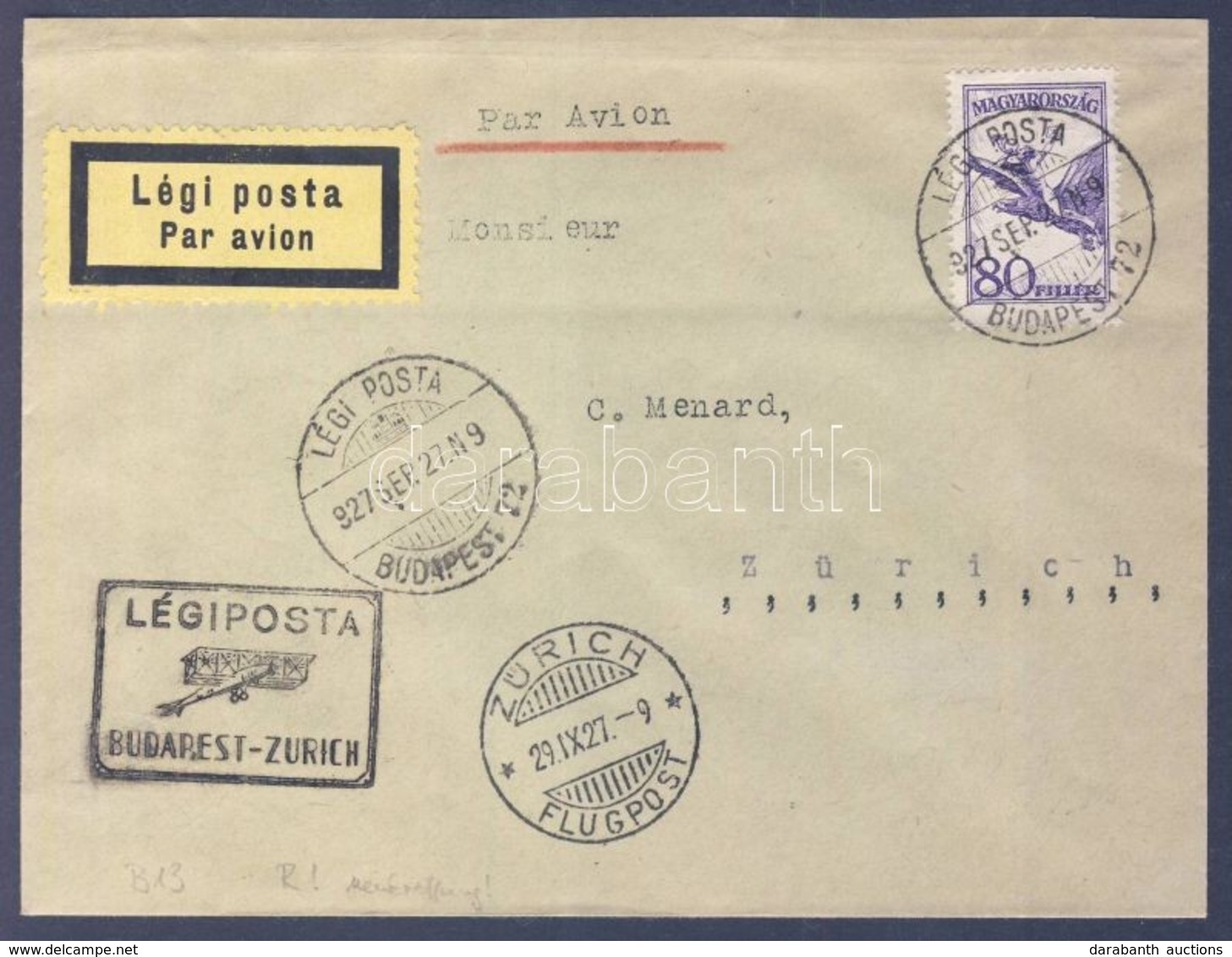 1927 Légi Levél Svájcba 'BUDAPEST - ZURICH' Légi Irányító Bélyegzéssel - Other & Unclassified