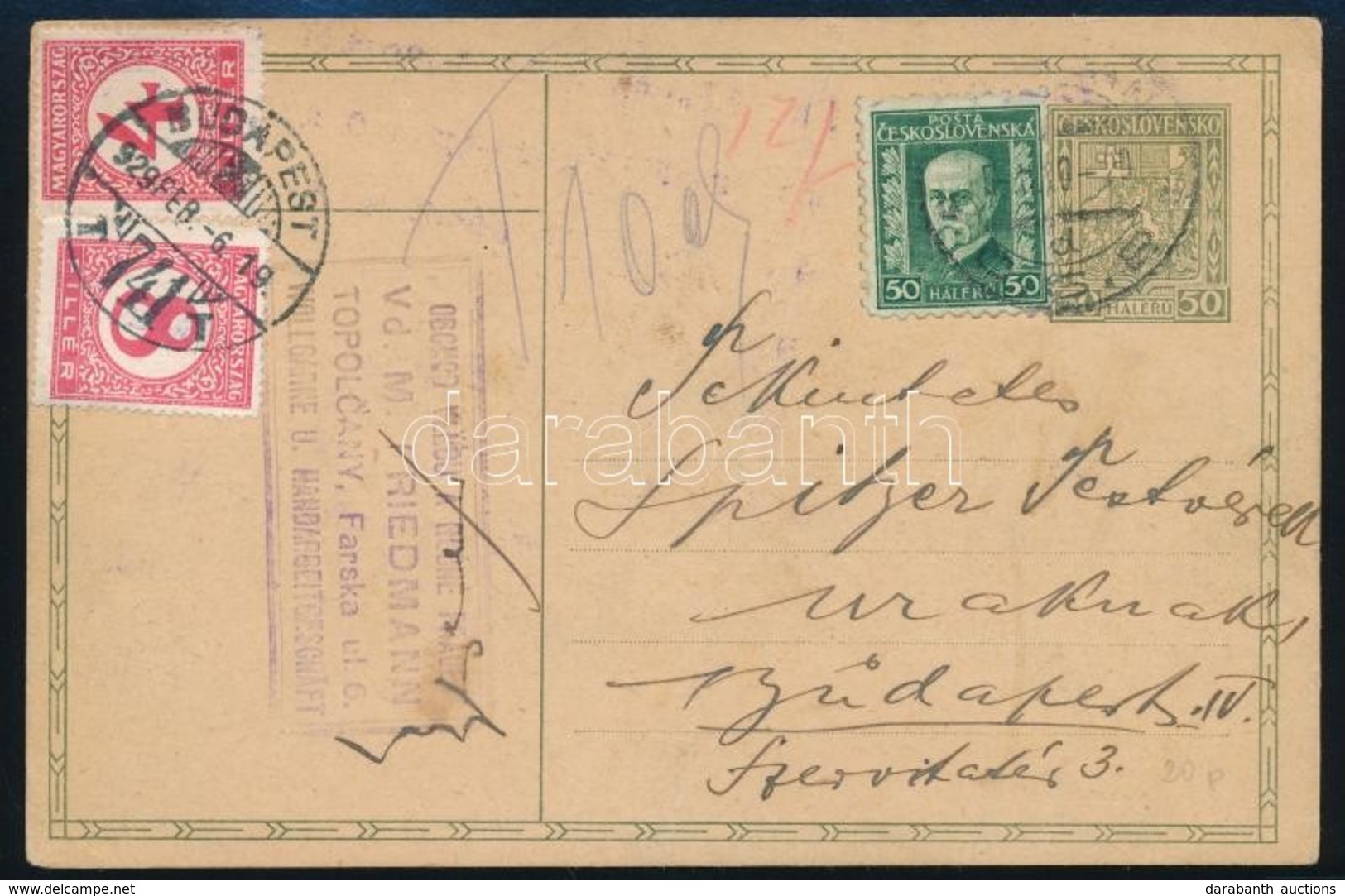 1929 Csehszlovák Díjjegyes Levelezőlap 4f + 8f Portóval Budapestre Küldve / PS-card With 12f Postage Due From Czechoslov - Other & Unclassified