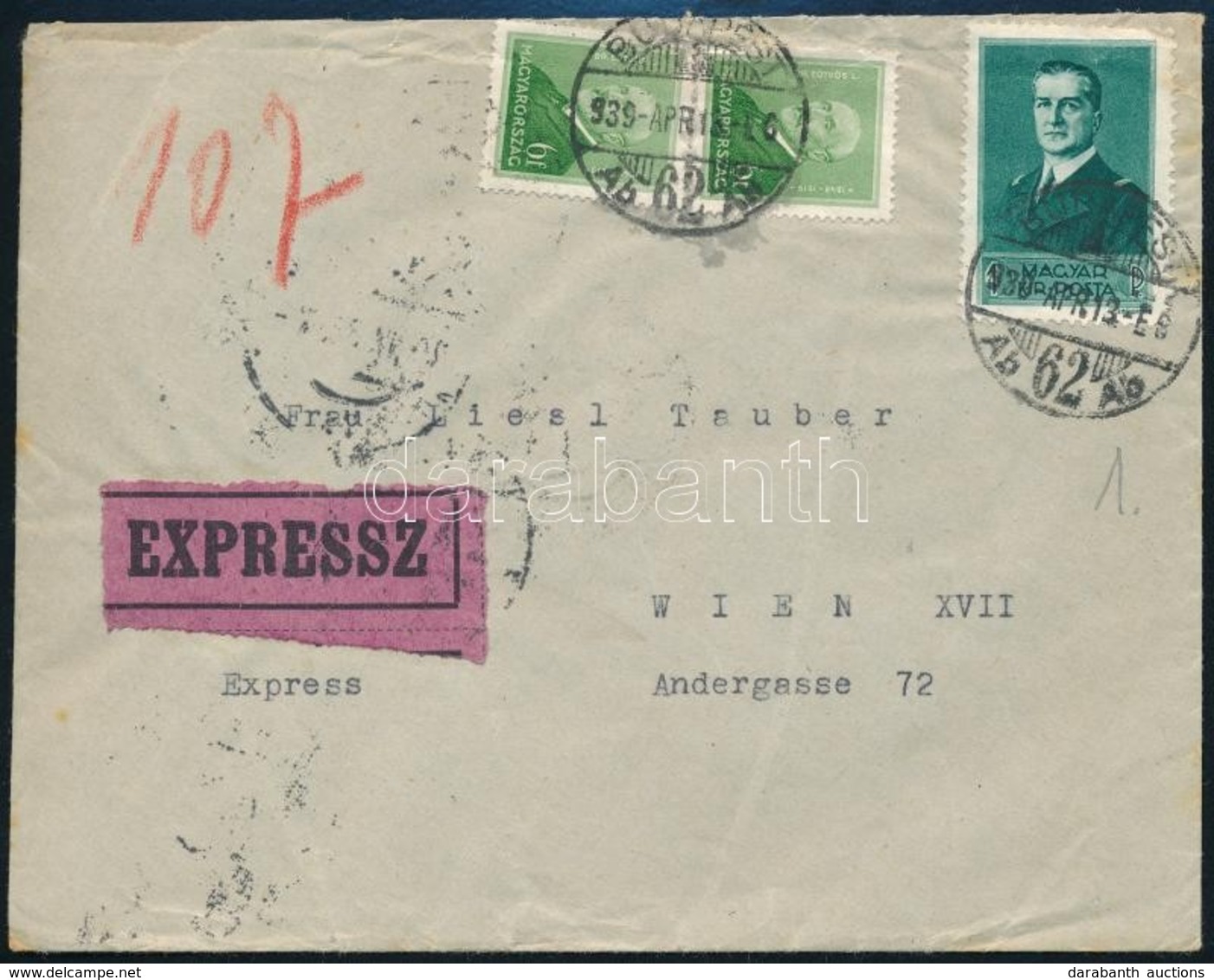 1939 Expressz Levél 1,12P Bérmentesítéssel / Express Cover With 1,12P Franking 'BUDAPEST' - Wien - Other & Unclassified