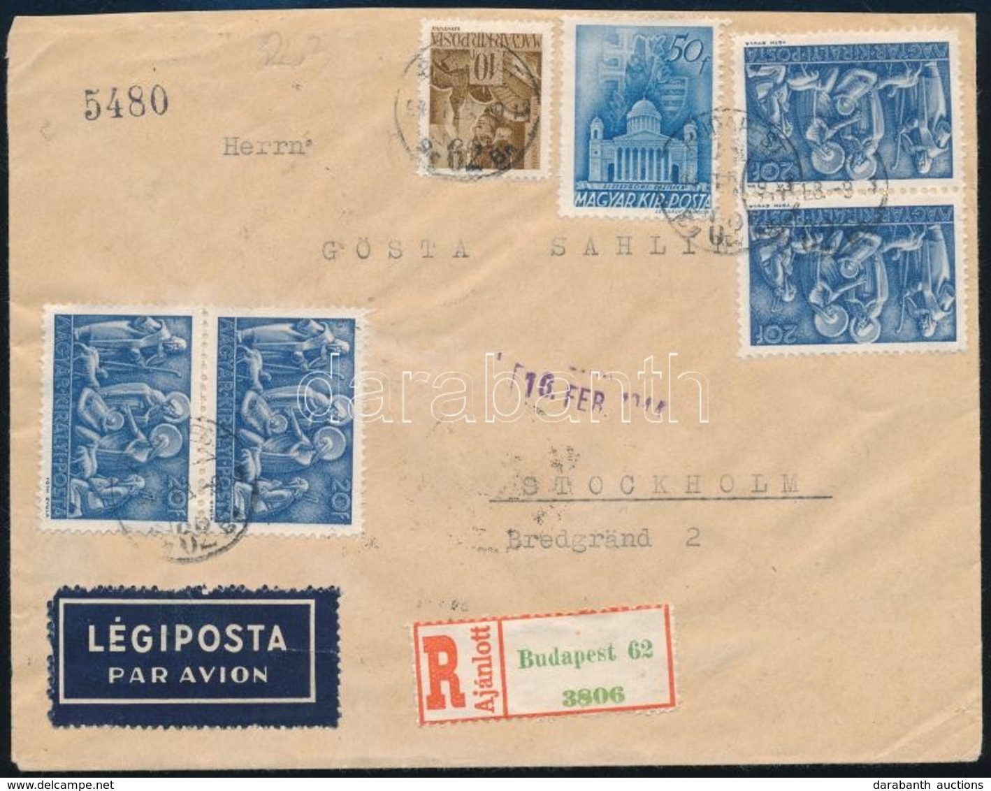 1944 Ajánlott Légi Levél 6 Bélyeges Bérmentesítéssel, Cenzúrázva Stockholmba / Airmail Registered Censored Cover With 6  - Other & Unclassified