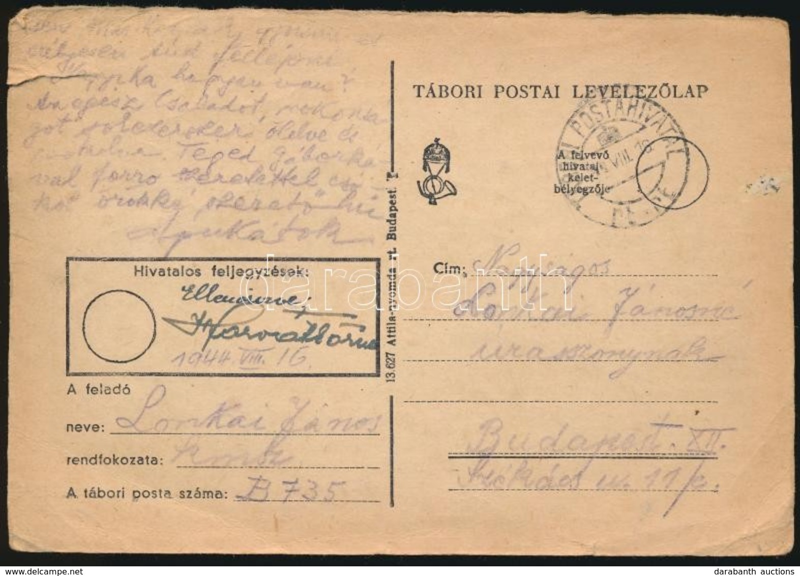 1944 Tábori Posta Levelezőlap Attila Nyomda Kiadása - Other & Unclassified