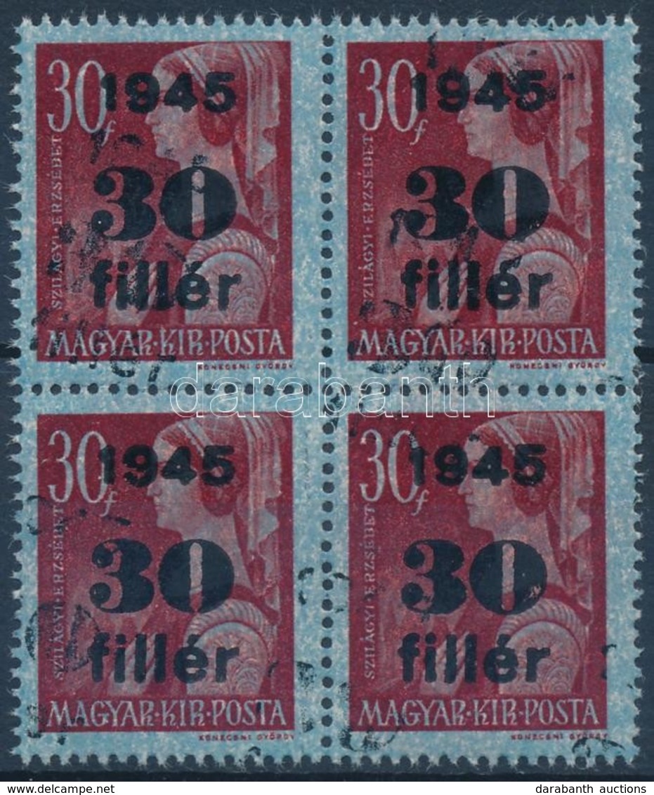 ** 1945 Kisegítő 30f/30f Négyestömb Kettős Felülnyomással. Látványos, Ritka Darab! / Mi 789 Block Of 4 With Double Overp - Andere & Zonder Classificatie