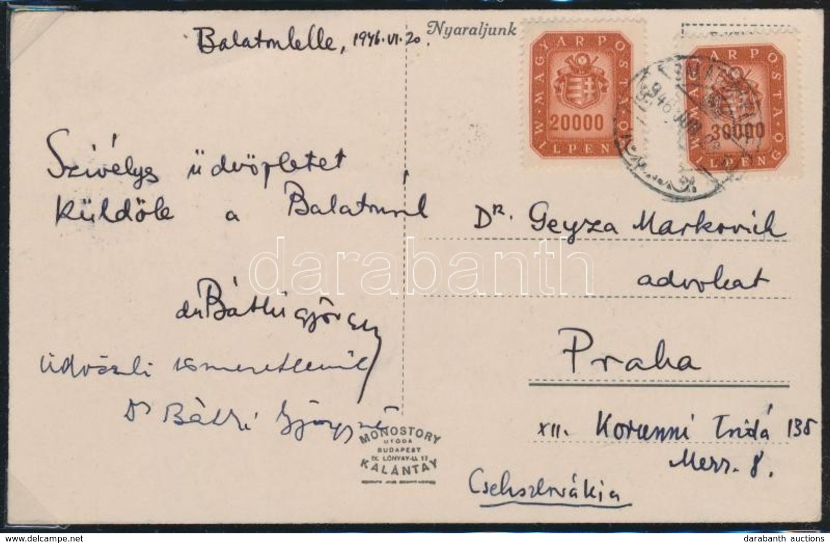 1946 20. Díjszabás Külföldi Képes Levelezőlap Balatonlelle - Praha 50.000.000.000P 20mP + 30mP . A 20ezres Bélyegen Az é - Other & Unclassified