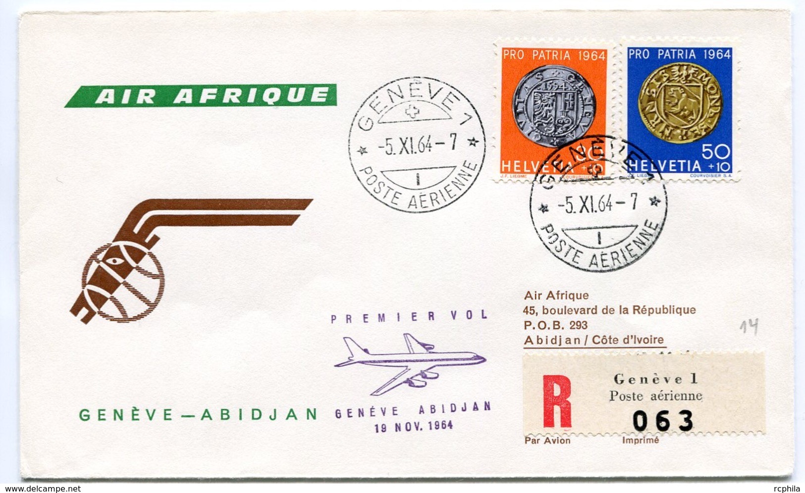 RC 6719 COTE D'IVOIRE AIR AFRIQUE 1964 1er VOL GENEVE SUISSE - ABIDJAN FFC LETTRE COVER - Côte D'Ivoire (1960-...)