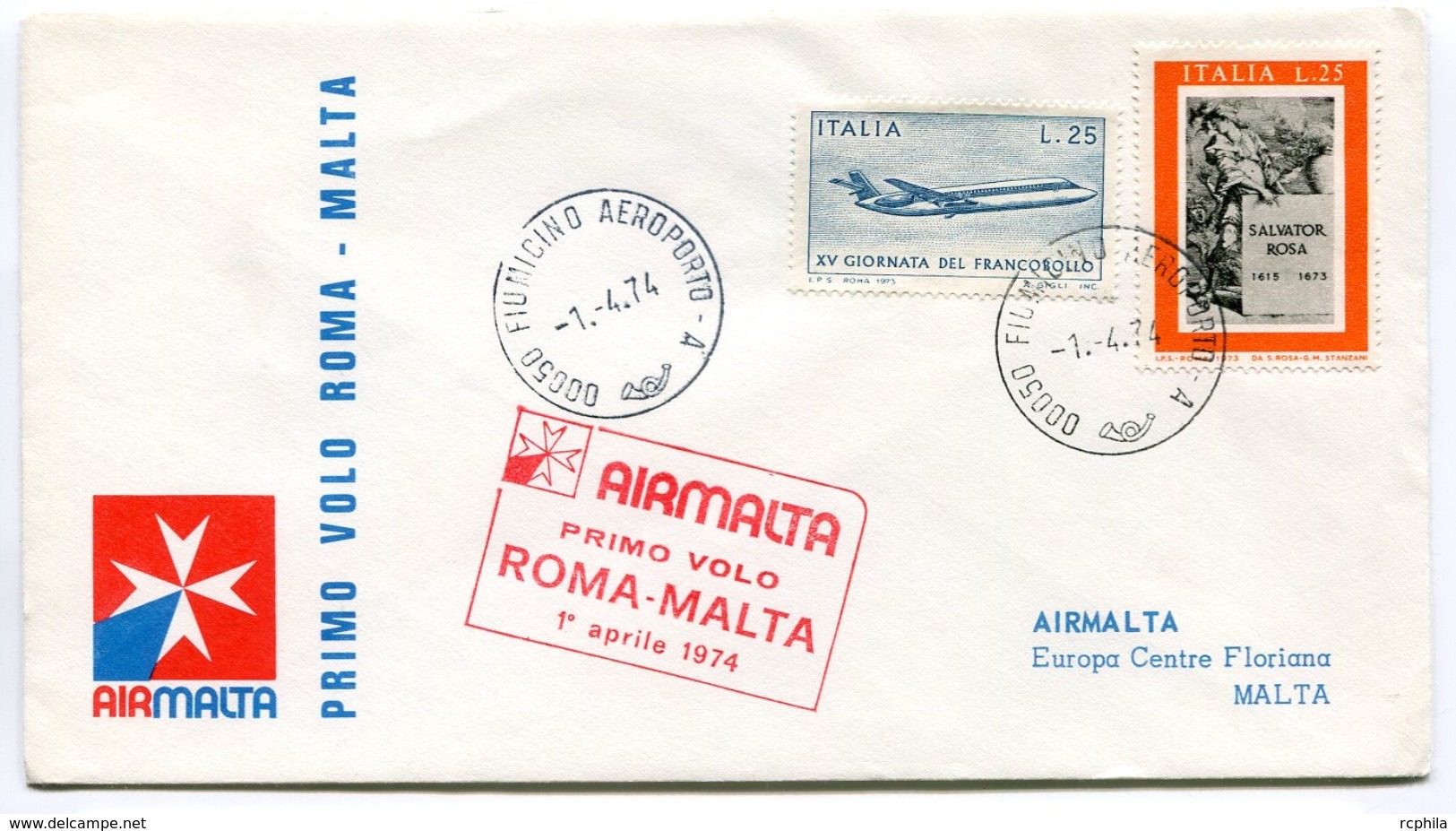 RC 6721 MALTE AIRMALTA 1974 1er VOL ROMA ITALIE - MALTA FFC LETTRE COVER - Malta