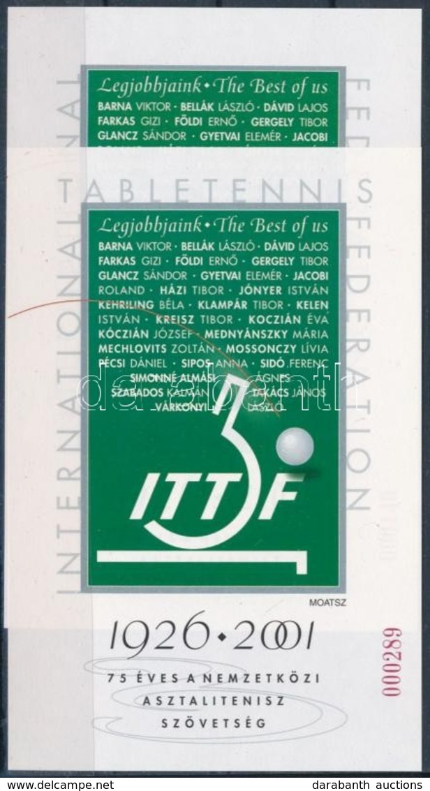 ** 2001 75 éves A Nemzetközi Asztalitenisz Szövetség Emlékív Tévnyomattal + Támpéldány - Other & Unclassified