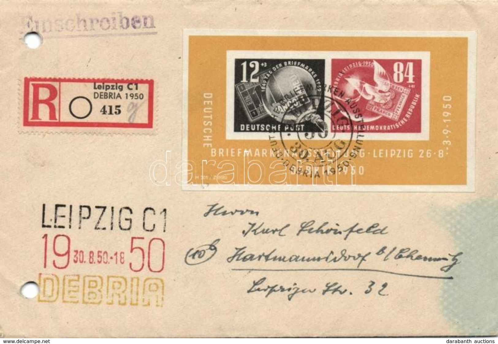 1950 DEBRIA Blokk Ajánlott Levélen Alkalmi Bélyegzéssel (regiszterlyukasztás A Borítékon, Folt) / On Registered Cover Wi - Andere & Zonder Classificatie