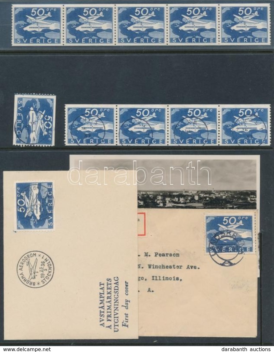 ** O 1936 Bromma Repülőtér Megnyitása ötöscsík + Négyescsík és önálló Bélyeg + FDC, Levél és Egy Képeslap Berakólapon /  - Other & Unclassified