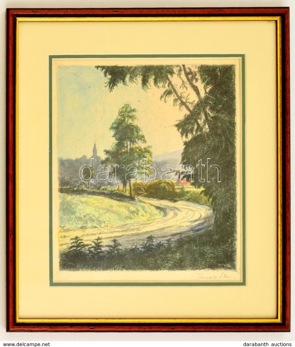 Kaveczky Zoltán (1897-1965): Dűlőút, Színezett Rézkarc, Papír, Jelzett, Paszpartuban, üvegezett Fa Keretben, 25,5×23 Cm - Other & Unclassified