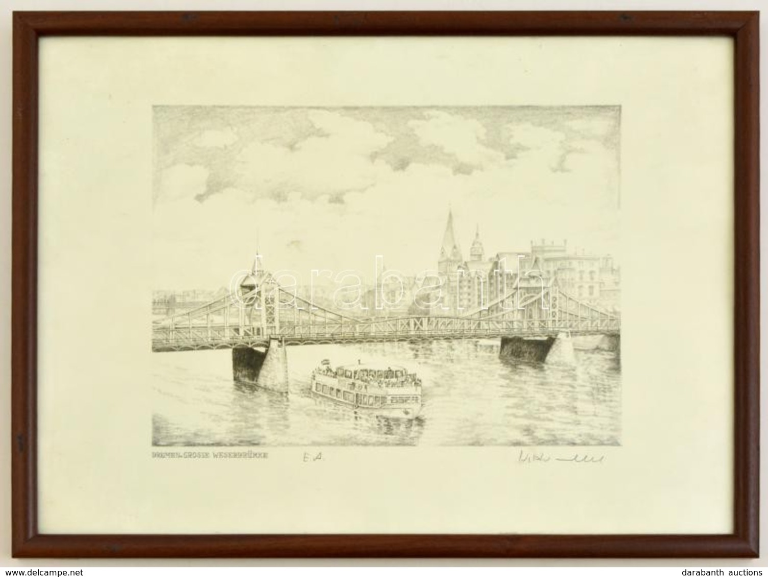 Olvashatatlan Jelzéssel: Bremen. Grosse Weserbrücke. Litográfia, Papír, Jelzett, üvegezett Keretben, 20×26,5 Cm - Other & Unclassified