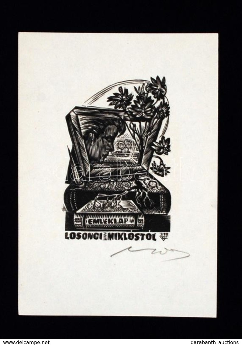 Nagy Lázár László (1935-): Ex Libris, Losonci Miklós Emléklap. Fametszet, Papír, Jelzett, 10×9 Cm - Andere & Zonder Classificatie