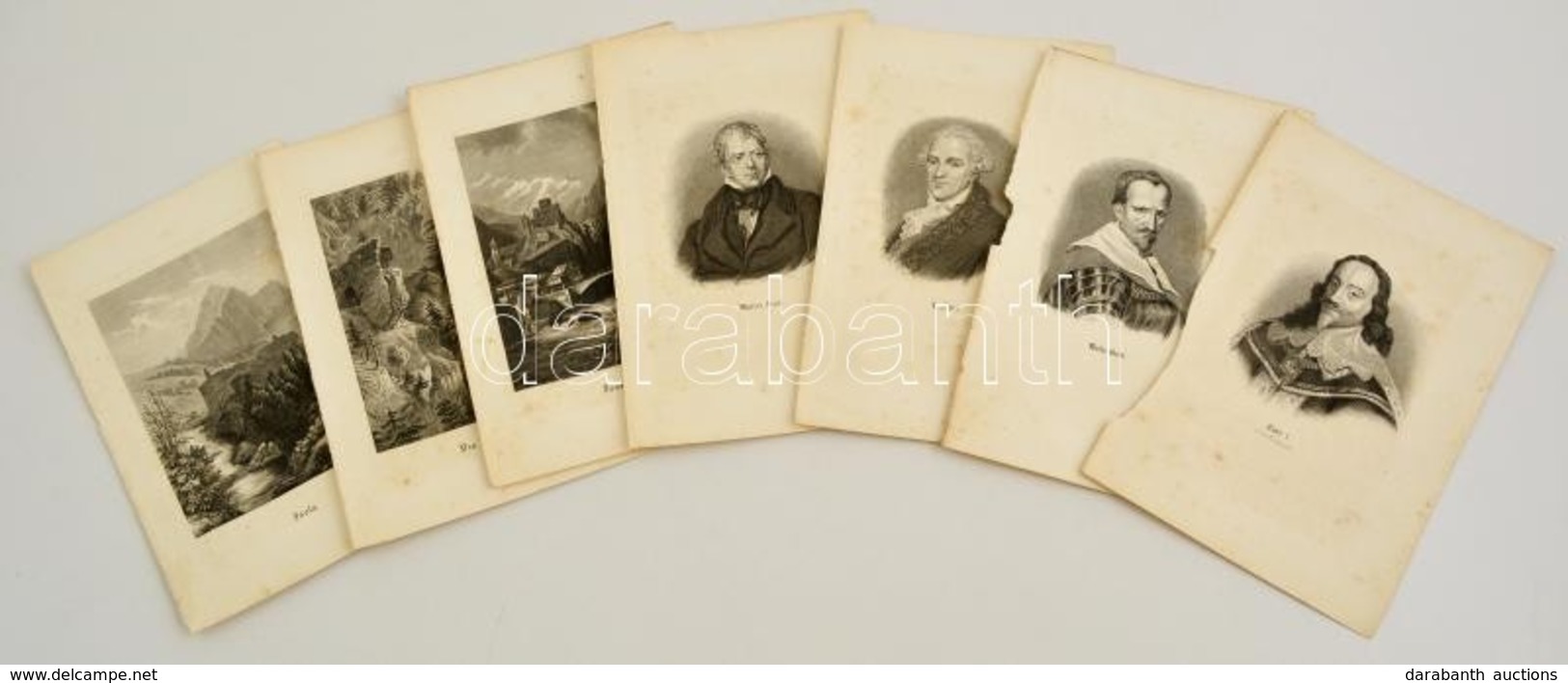 Cca 1840 Uralkodók, Tájak 7 Db Acélmetszet: I. Károly, Wallenstein, Herschel, Walter Scott. Isola, Landeck, Via Mala. /  - Prints & Engravings