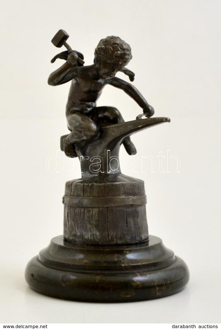 Kovácsoló Puttó Figura. Ón, Márvány Talpazaton. / Tin Blacksmith Angel Figure 12 Cm - Other & Unclassified