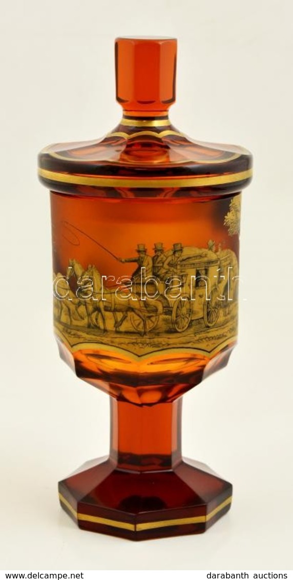 J.M. Pohl Tervezte Moser Borostyán Fedeles Kehely, Részben Kézzel Festett, Jelzett, Hibátlan, M:22,5 Cm - Glas & Kristal