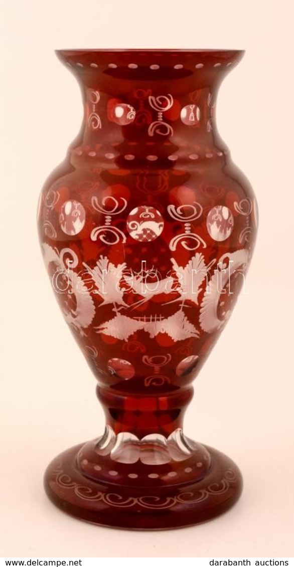 Cseh Díszváza, Több Rétegű,csiszolt, Gravírozott, Apró Karcolásokkal, Jelzés Nélkül, M:30 Cm - Glass & Crystal