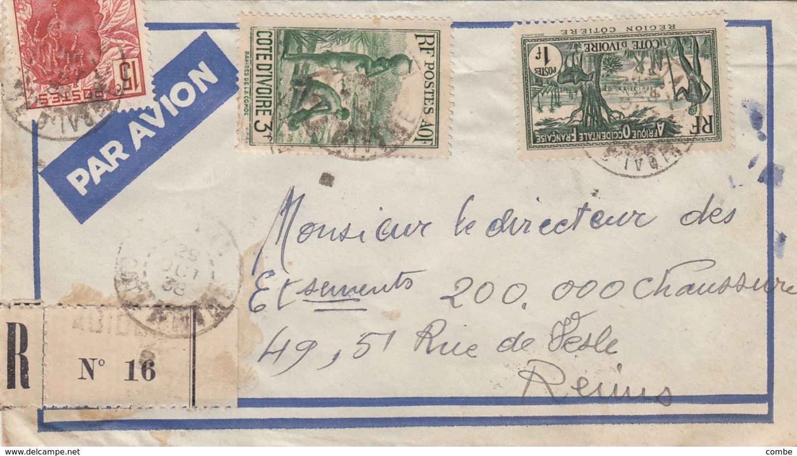 LETTRE COTE D'IVOIRE. 29 10 38. RECOMMANDE ABIDJAN  POUR LA FRANCE - Lettres & Documents