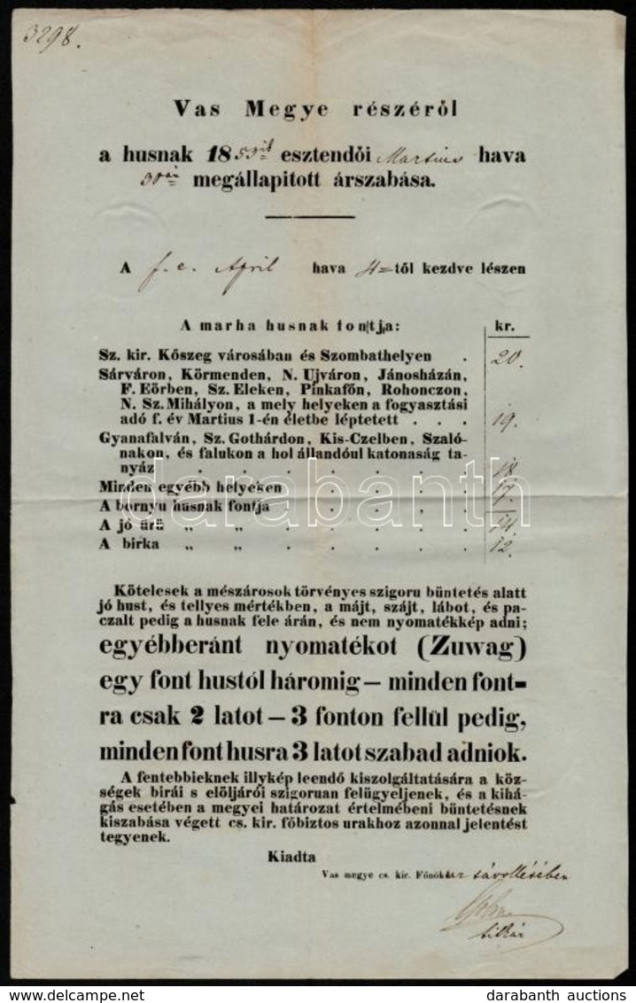 1853 Vas Megyei Hús árszabás, Vas Megyei Cs. Kir. Főnök Titkárának Aláírásával, 39x25 Cm - Zonder Classificatie
