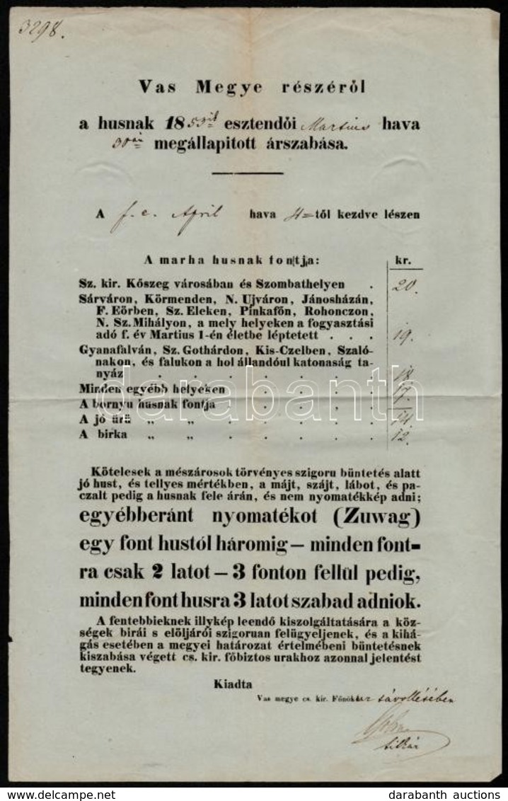 1853 Vas Megyei Hús árszabás, Vas Megyei Cs. Kir. Főnök Titkárának Aláírásával, 39x25 Cm - Unclassified