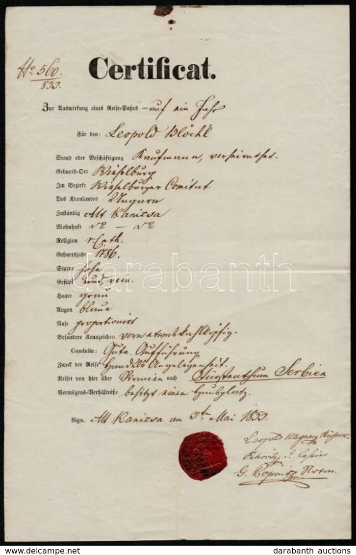 1853 Magyarkanizsa (Alt-Kanizsa), Német Nyelven Kiállított útlevél Szerbiába, Viaszpecséttel - Zonder Classificatie