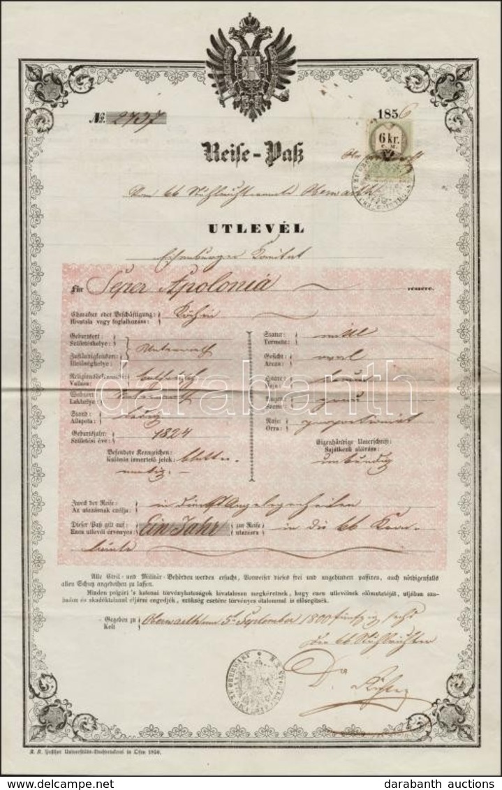 1856 Oberwarth - Burgenland útlevél 6kr Okmánybélyeggel / Passport With 6kr Fiscal Stamp - Zonder Classificatie