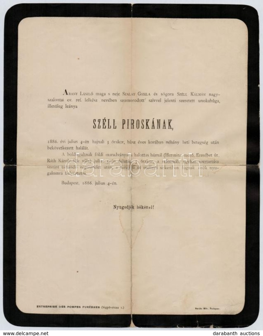 1886 Széll Piroska (1865-1886), Arany János Unokája Halotti értesítője, Lehr Albert (1844-1924) Középiskolai Tanár, Nyel - Zonder Classificatie