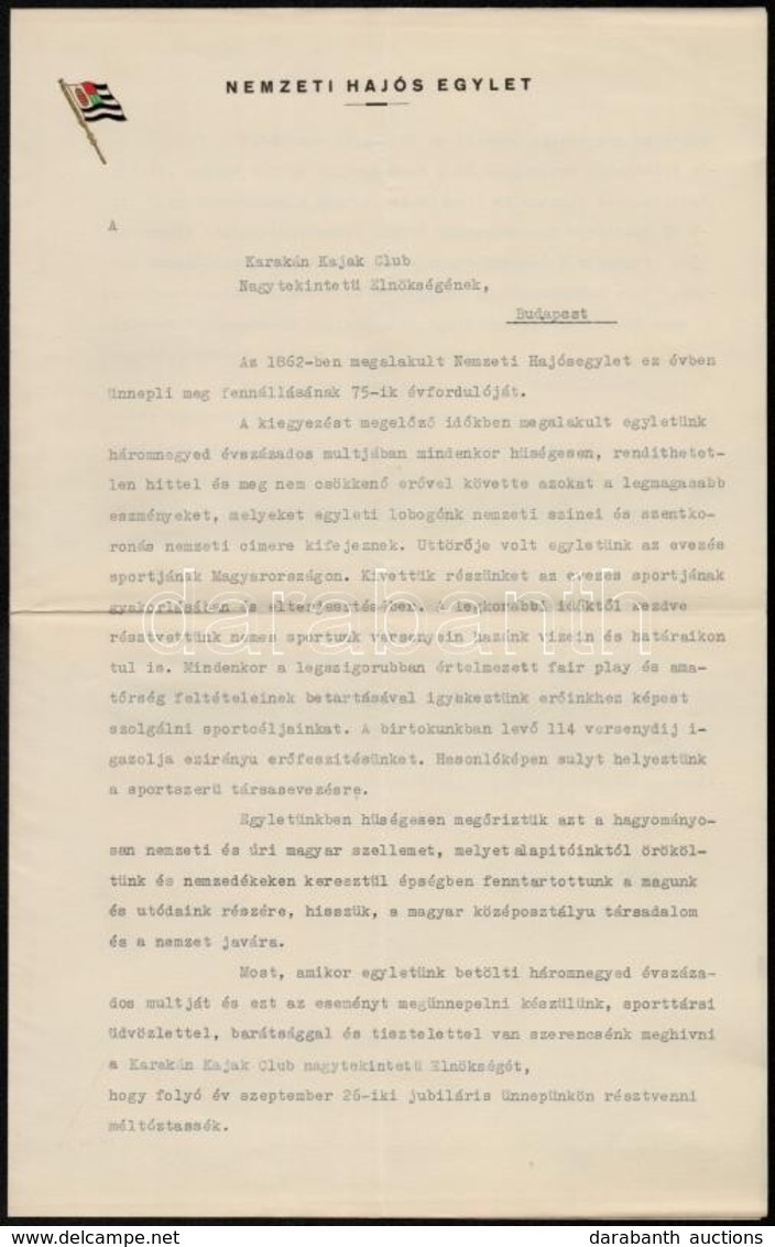 1937 A Nemzeti Hajós Egylet Levele Társegyletének, A Karakán Kajak Clubnak, Amelyben A 75. évfordulóra Tartandó, 1937. S - Zonder Classificatie