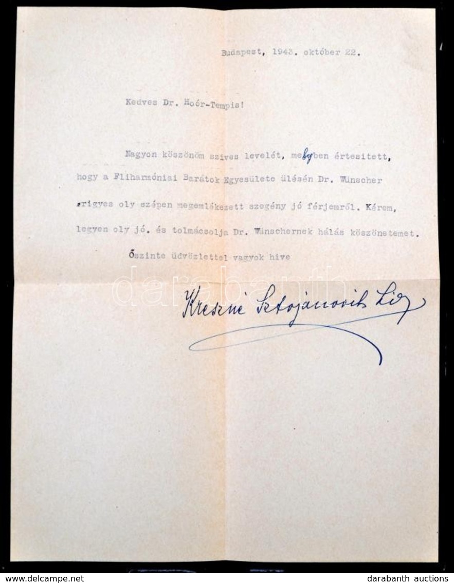 1942 Kresz Károlyné Saját Kézzel Aláírt Levele, Melyben Köszönetét Fejezi Ki Férje Emlékének ápolása Miatt - Zonder Classificatie