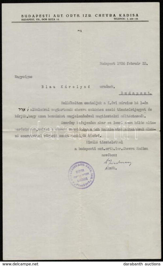 1936 Bp., A Budapesti Aut. Orthodox Izraelita Chevra Kadisa Levele Blau Károlynénak, Az Orthodox Izraelita Nőegylet Elnö - Other & Unclassified