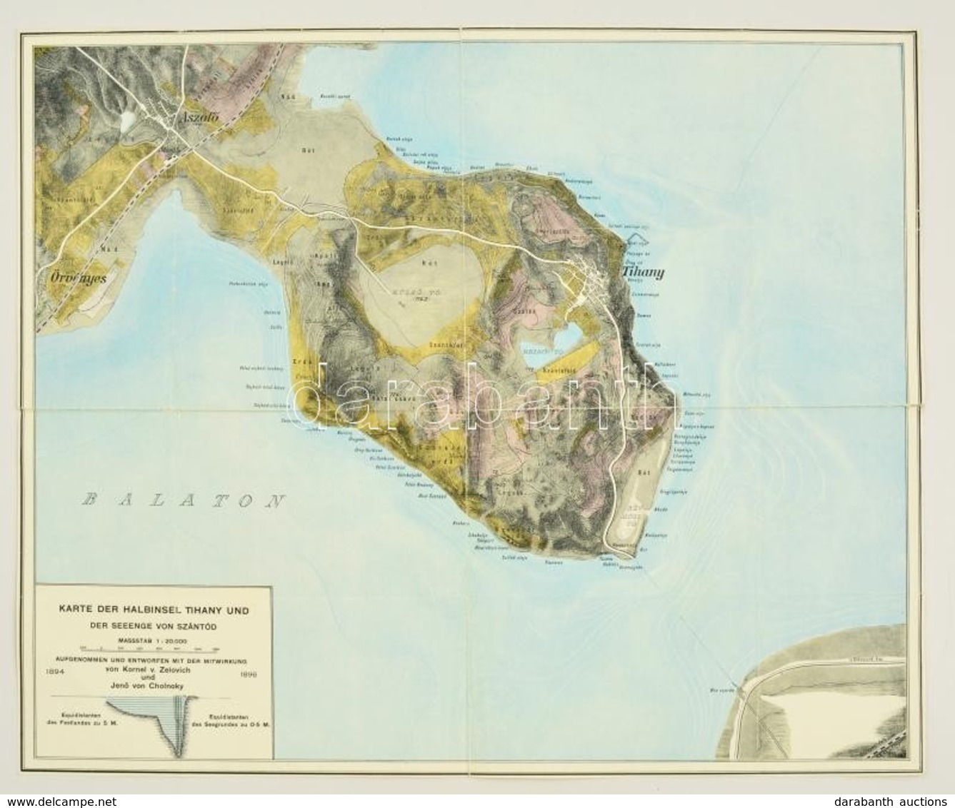 1896 Karte Der Halbinsel Tihany Und Der Seeenge Von Szántód, A Tihanyi-félsziget Térképe, 1:20000, Zelovich-Cholnoky, 46 - Andere & Zonder Classificatie