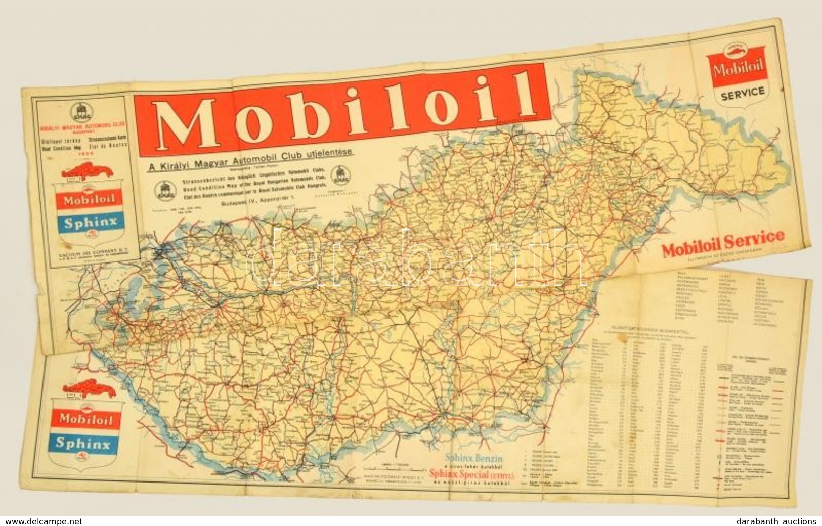 1939 Mobiloil Magyarország Autóstérkép A Benzinkutakkal és Hátoldalt Hirdetésekkel - Andere & Zonder Classificatie