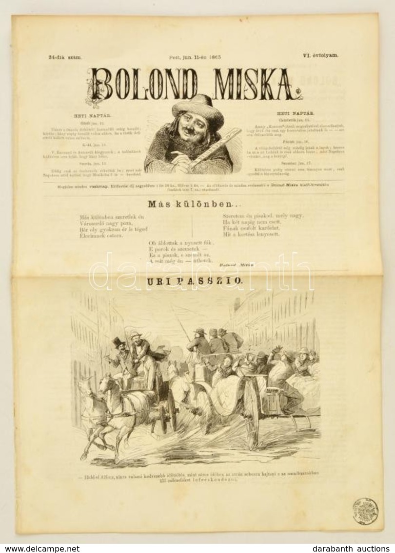 1865 Bolond Miska élclap 1865. Június. 11. VI. évf. 24. Száma. Szerk.: Szokoly Viktor. Bp., Emich Gusztáv, A Címlap Alsó - Zonder Classificatie